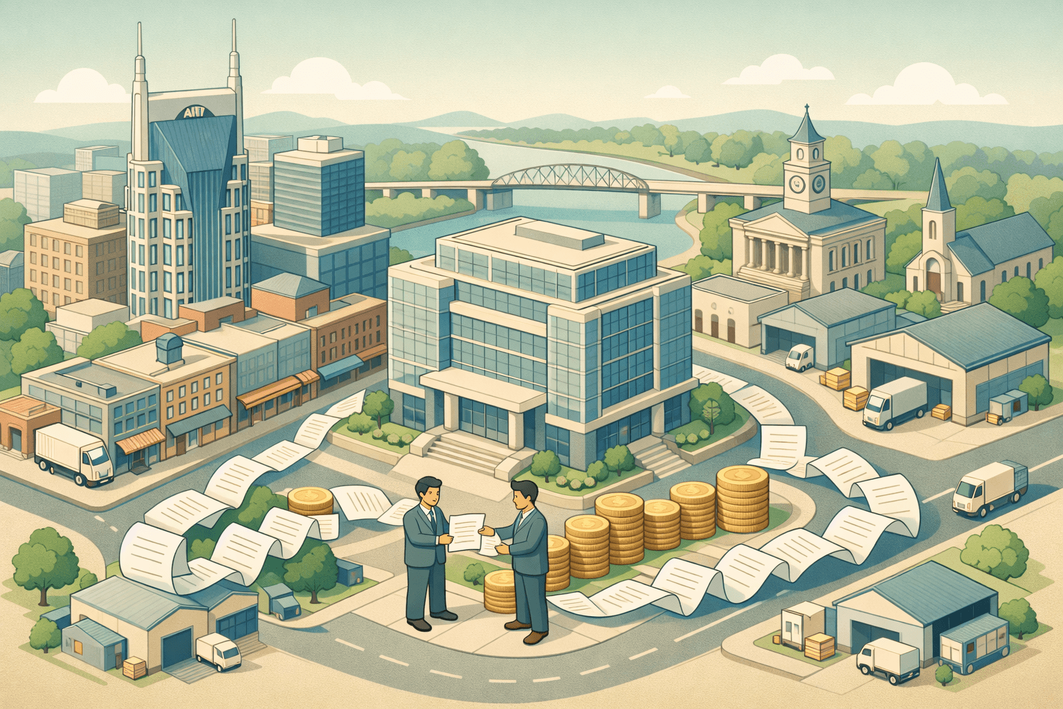 Isometric Nashville cityscape with business owners exchanging invoices for working capital outside a factoring office building near a river bend.