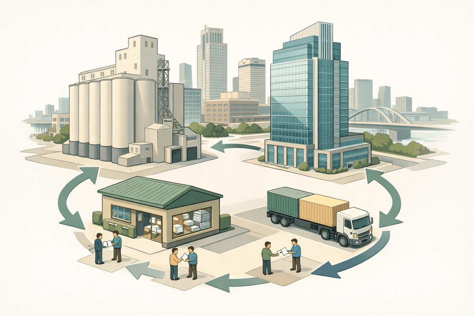Isometric view of a Nebraska business district with office buildings, a grain elevator, a factoring office, and small figures exchanging invoices near a freight truck.