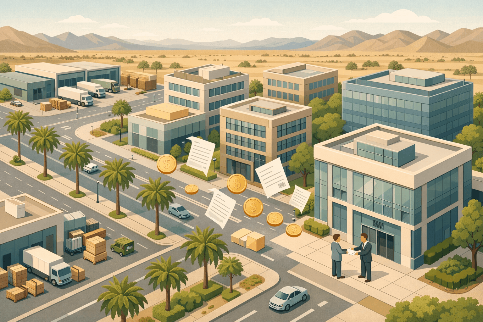 Isometric view of a Las Vegas commercial district with office buildings, a warehouse, and small figures exchanging documents representing invoice factoring.