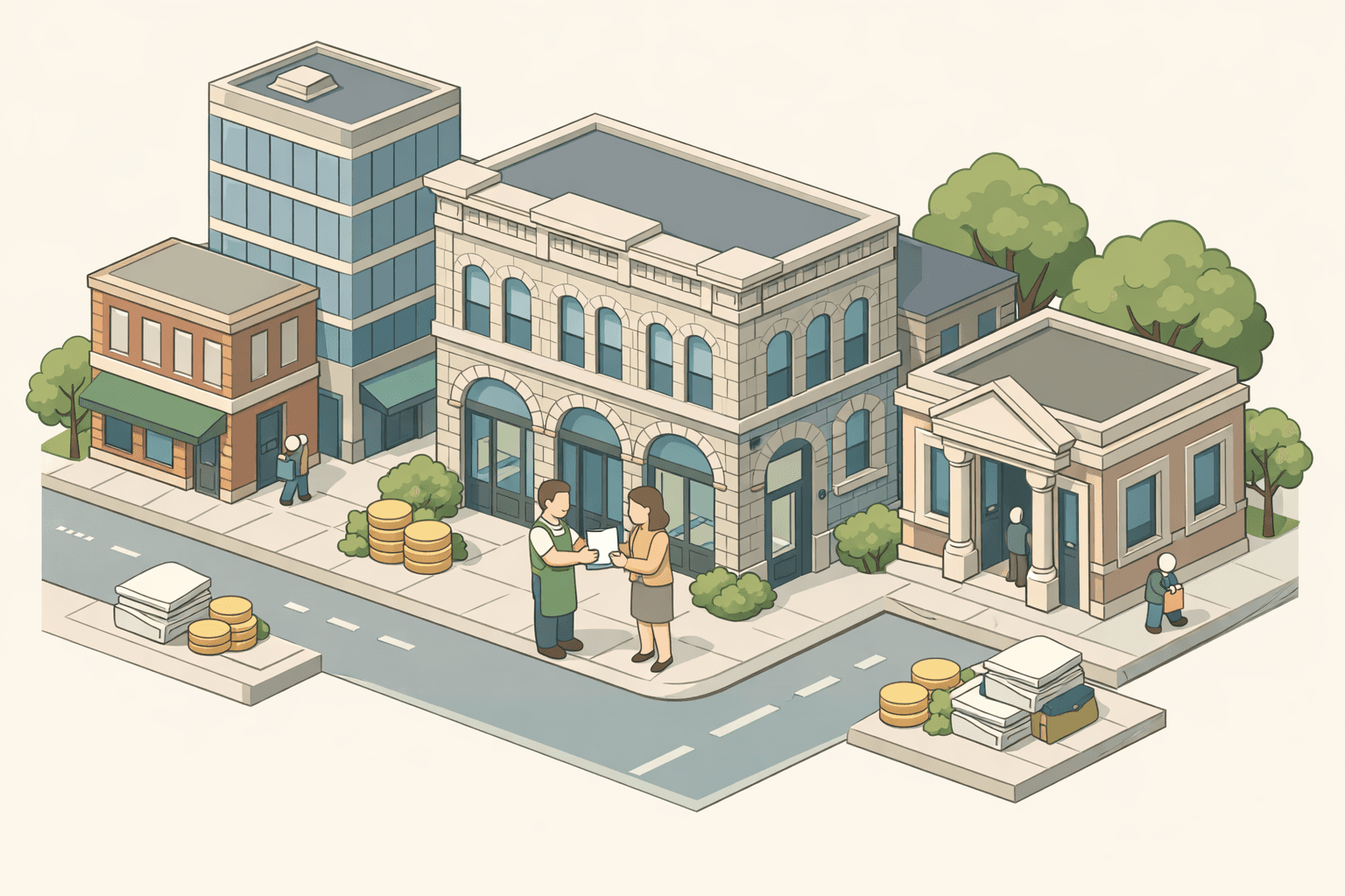 Isometric scene of a New Hampshire downtown business district with small figures exchanging invoices near historic commercial buildings and a finance office.