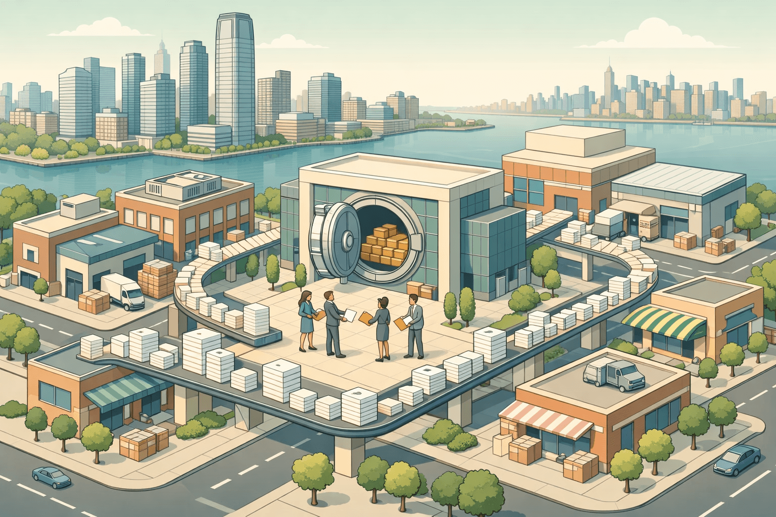 Isometric view of a New Jersey business district with office towers, warehouses, and small figures exchanging invoices between commercial buildings.