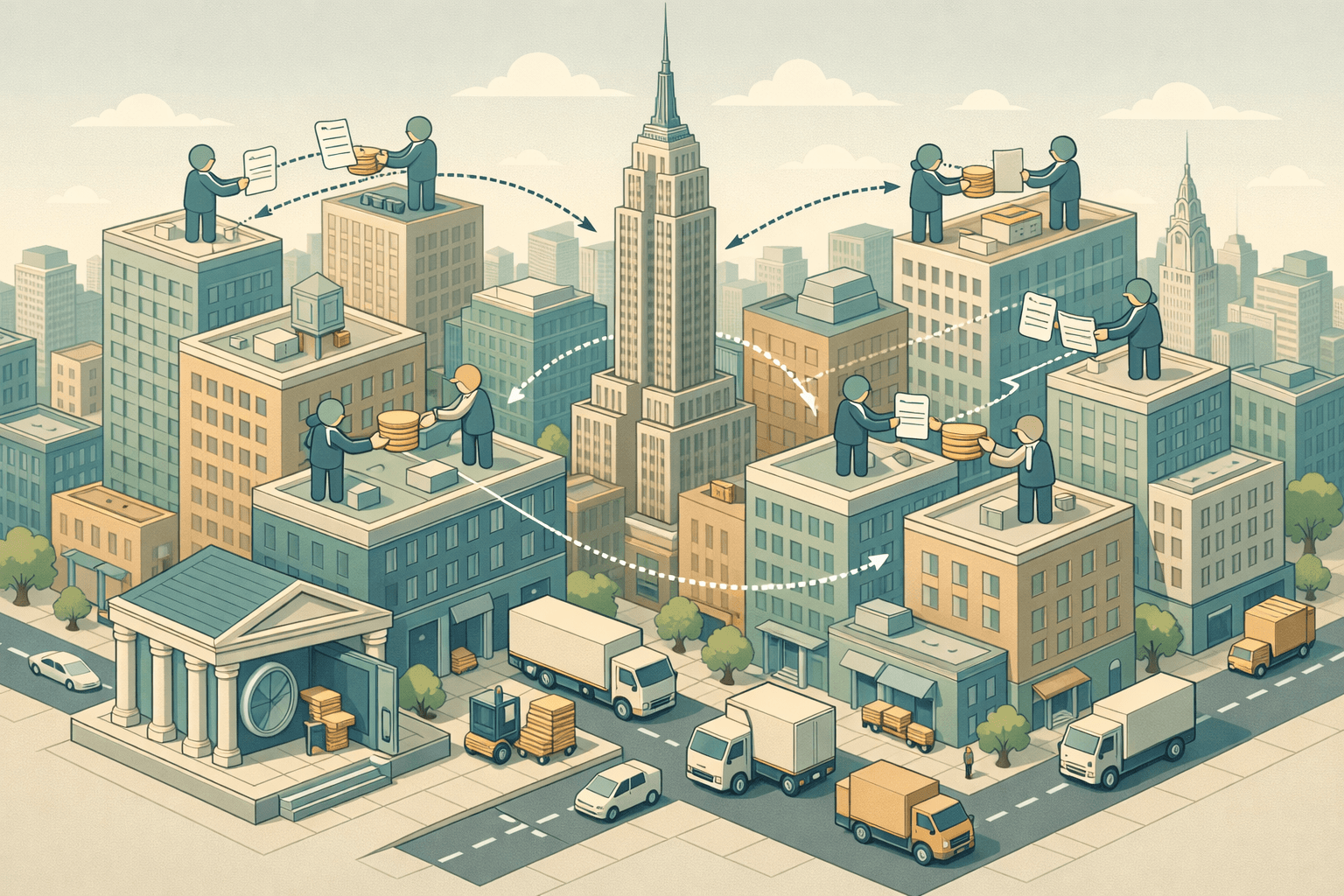 Isometric scene of New York City office towers with small figures exchanging invoices and cash, representing business invoice factoring activity.
