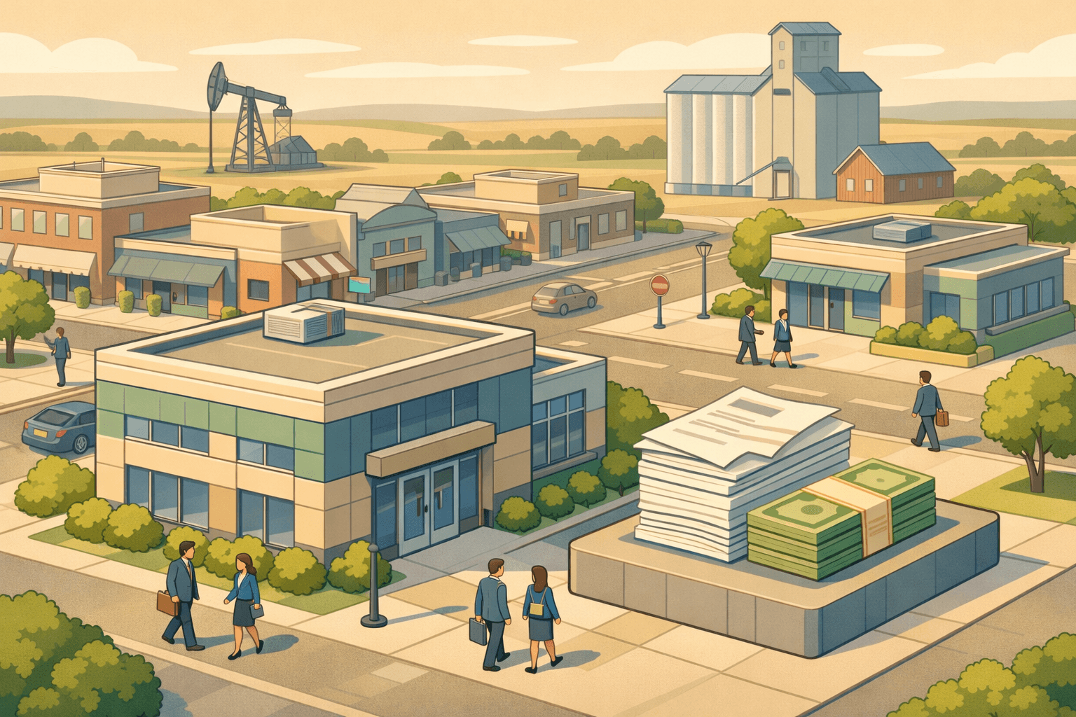 Isometric view of a North Dakota business district with a finance office, grain elevator, oil derrick, and small figures exchanging invoices and documents.