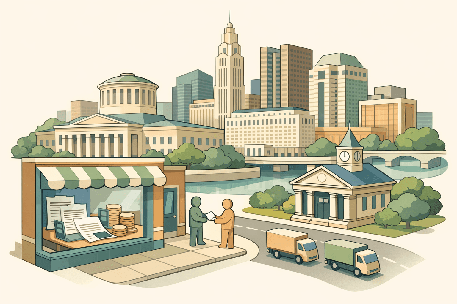 Isometric illustration of an Ohio city skyline with small business offices, a bank building, delivery trucks, and figures exchanging invoice documents.