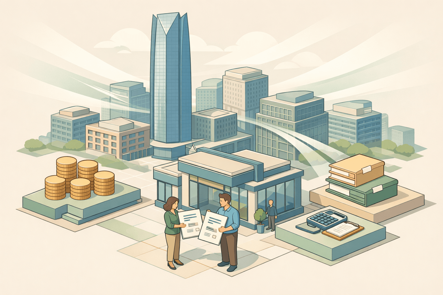 Isometric view of Oklahoma City office buildings with small business figures exchanging invoices and documents outside a commercial lending office.