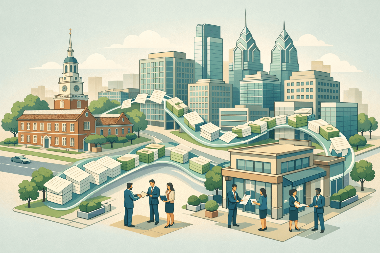 Isometric scene of a Philadelphia business district with small figures exchanging invoices outside a commercial lending office building.