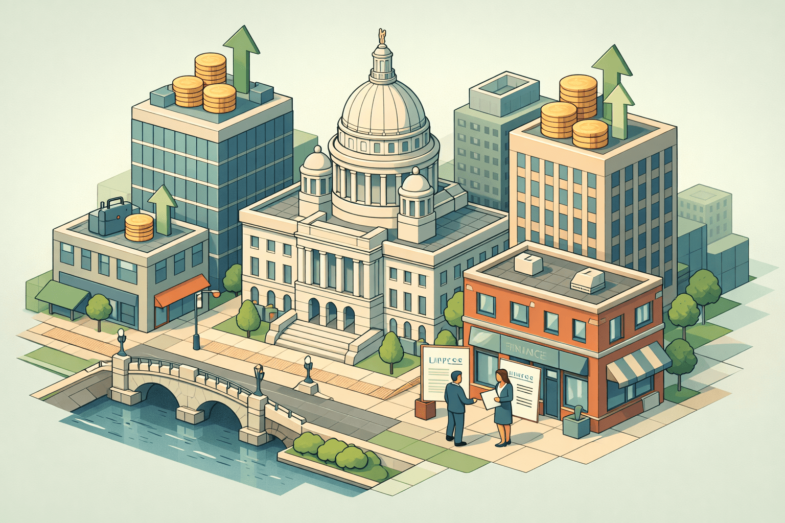 Isometric illustration of a Providence-inspired cityscape with small business figures exchanging invoices outside a finance office, representing Rhode Island invoice factoring.