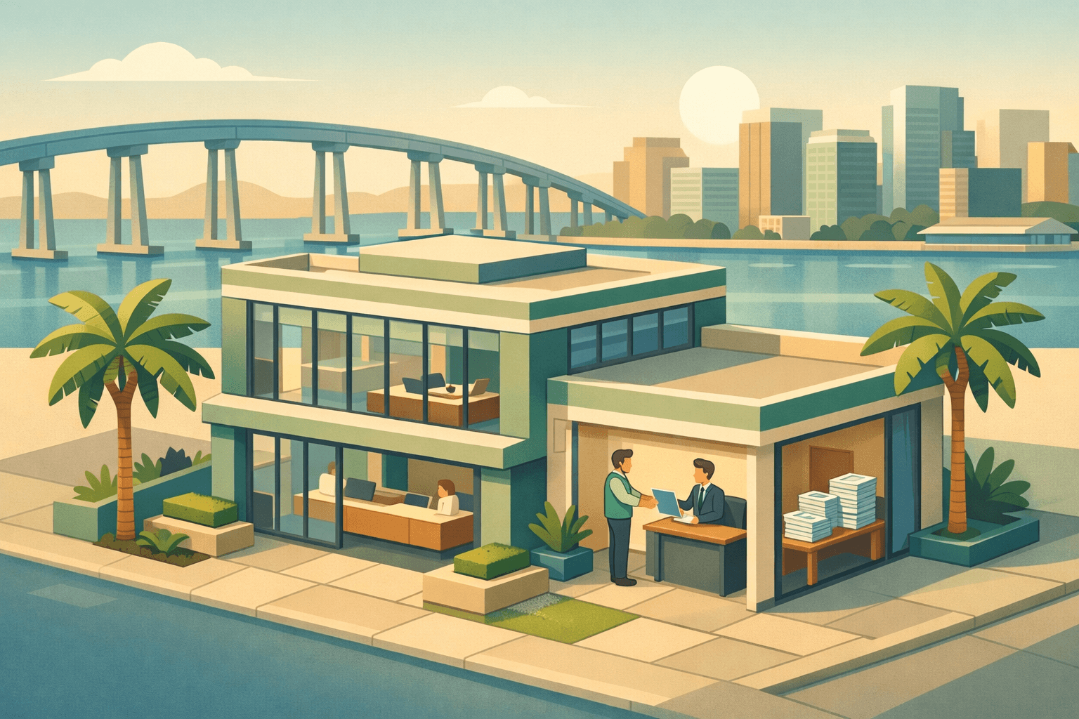Isometric scene of a San Diego commercial office building with the Coronado Bridge in the background and a small business owner exchanging invoice documents with a lender.