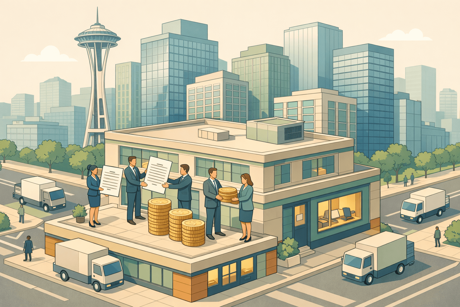 Isometric scene of Seattle office buildings with tiny business figures exchanging invoices and coins, representing small business factoring activity in the city.