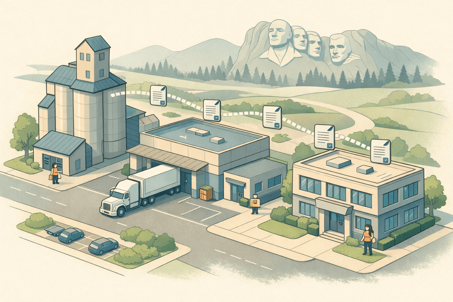 Isometric South Dakota business district with a grain elevator, trucking depot, and finance office connected by flowing invoice documents representing receivables funding.