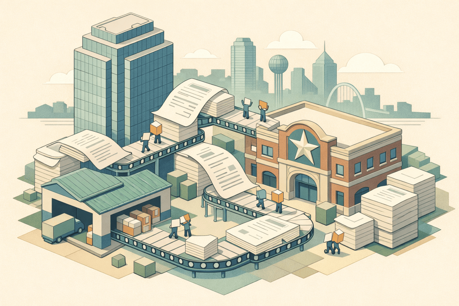 Isometric scene of a Texas business district with office buildings, a warehouse, and invoice documents flowing between structures representing receivables financing.