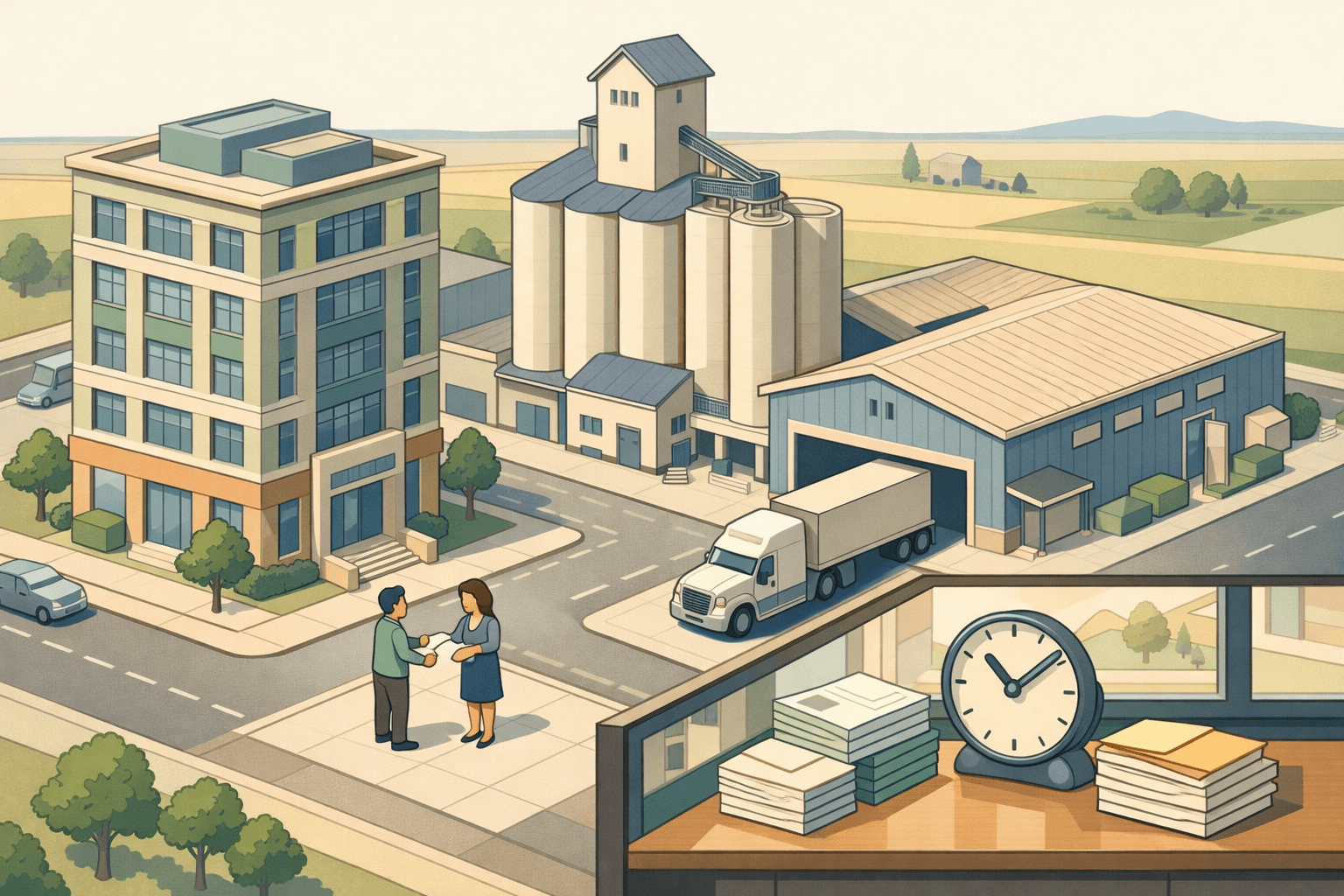 Isometric illustration of a Midwest business district with an office building, freight warehouse, grain elevator, and small figures exchanging financial documents near a bank.