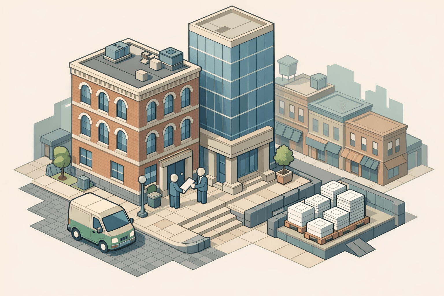 Isometric illustration of a Northeast urban business district with brick and glass office buildings, a courier van, and small figures exchanging business documents outside a bank.