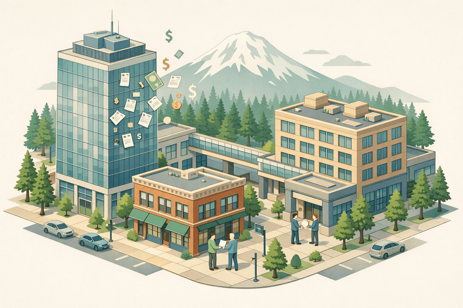 Isometric Pacific Northwest city block with office buildings, small business figures exchanging documents, and a mountain silhouette in the background.