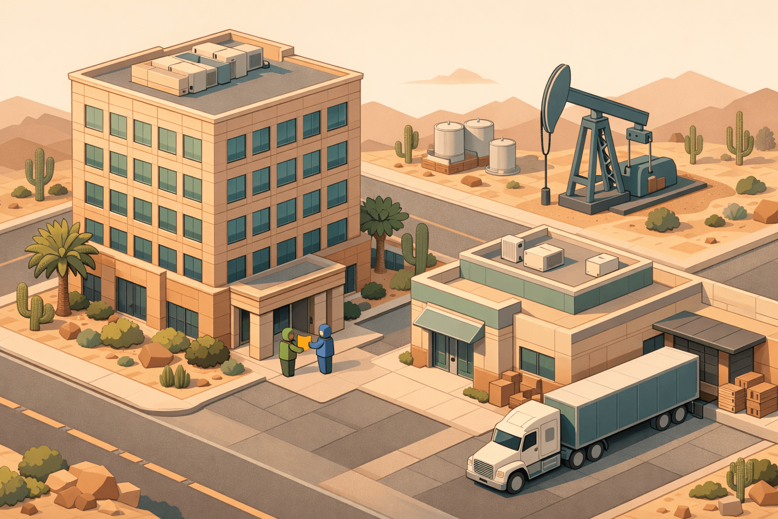 Isometric view of a Southwest business district with an office building, oilfield pump jack, freight truck, and small figures exchanging business documents near a bank entrance.