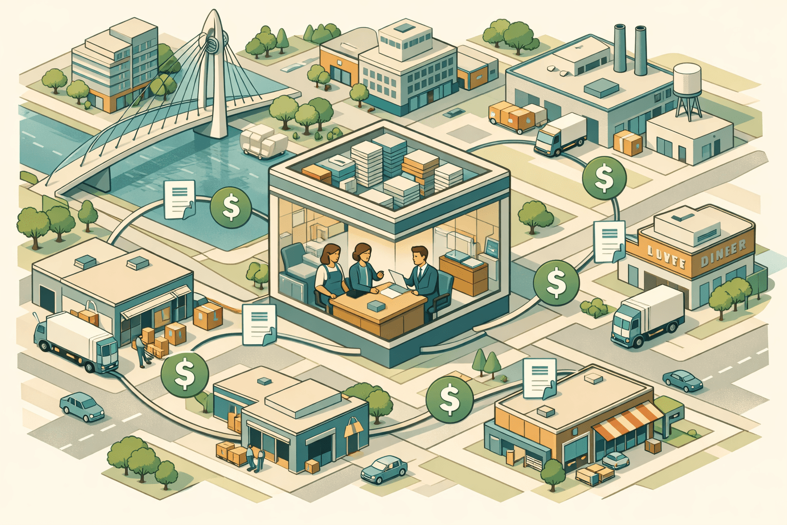 Isometric view of Wichita commercial buildings with small business owners exchanging invoices for cash at a lending office amid manufacturing and warehouse structures.