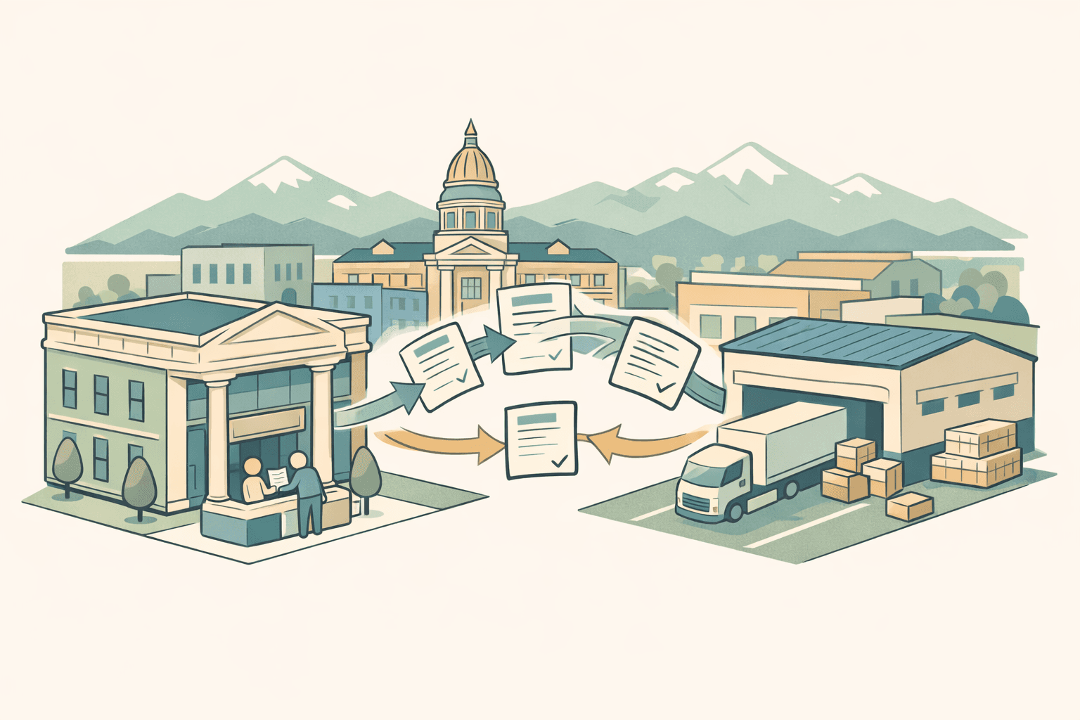 Isometric scene of a Wyoming business district with a small bank, trucking depot, and stylized invoice documents flowing between buildings against a mountain backdrop.