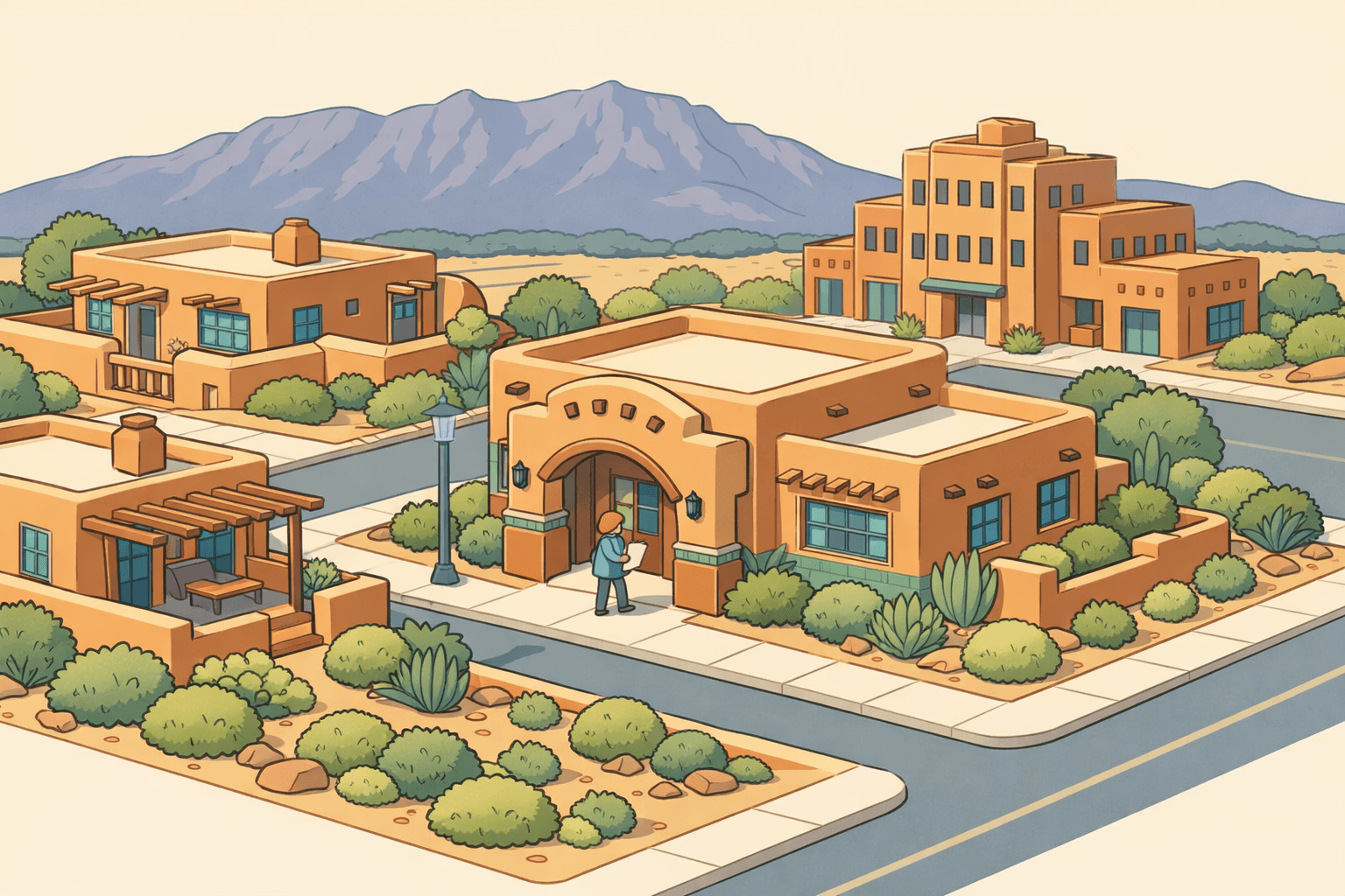 Isometric scene of adobe-style homes and a small community bank in an Albuquerque neighborhood with a mountain silhouette in the background.