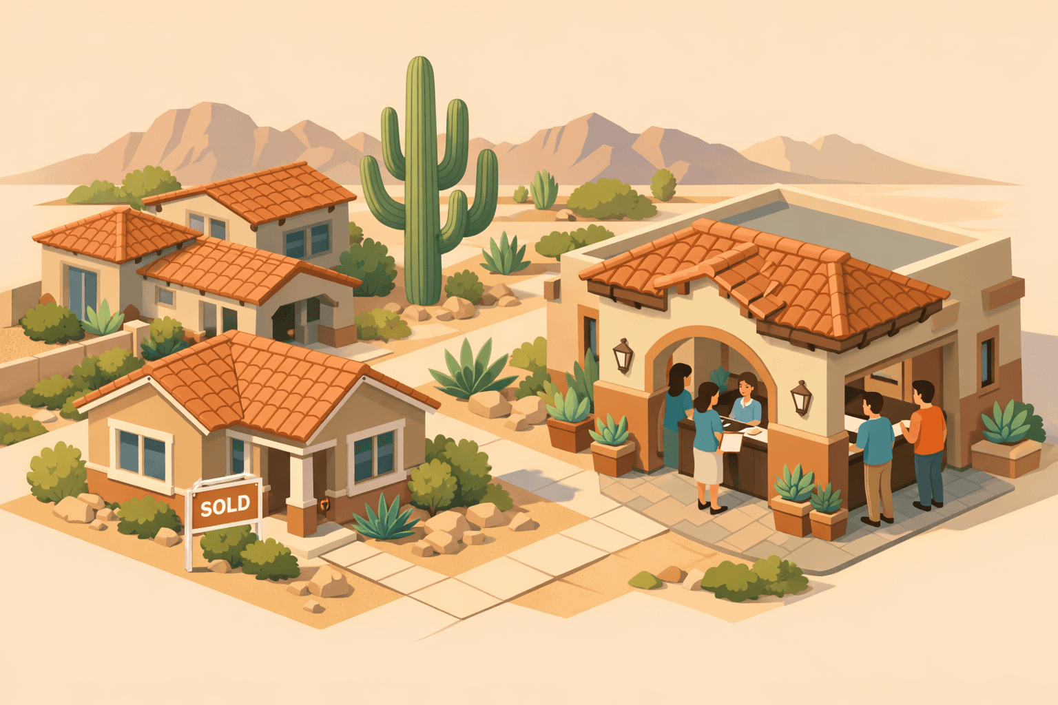 Isometric illustration of an Arizona neighborhood with adobe homes, a community bank, and homebuyers approaching with documents in hand.