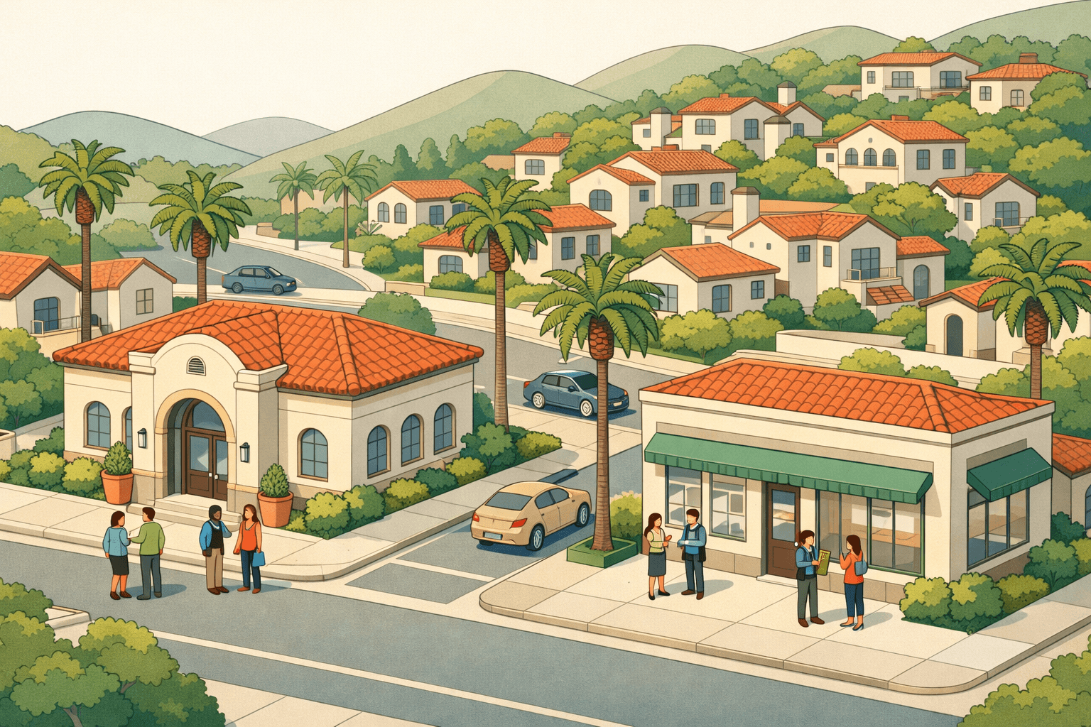 Isometric scene of a California neighborhood with Spanish-style homes, a community bank, and small figures of homebuyers near a mortgage office entrance.