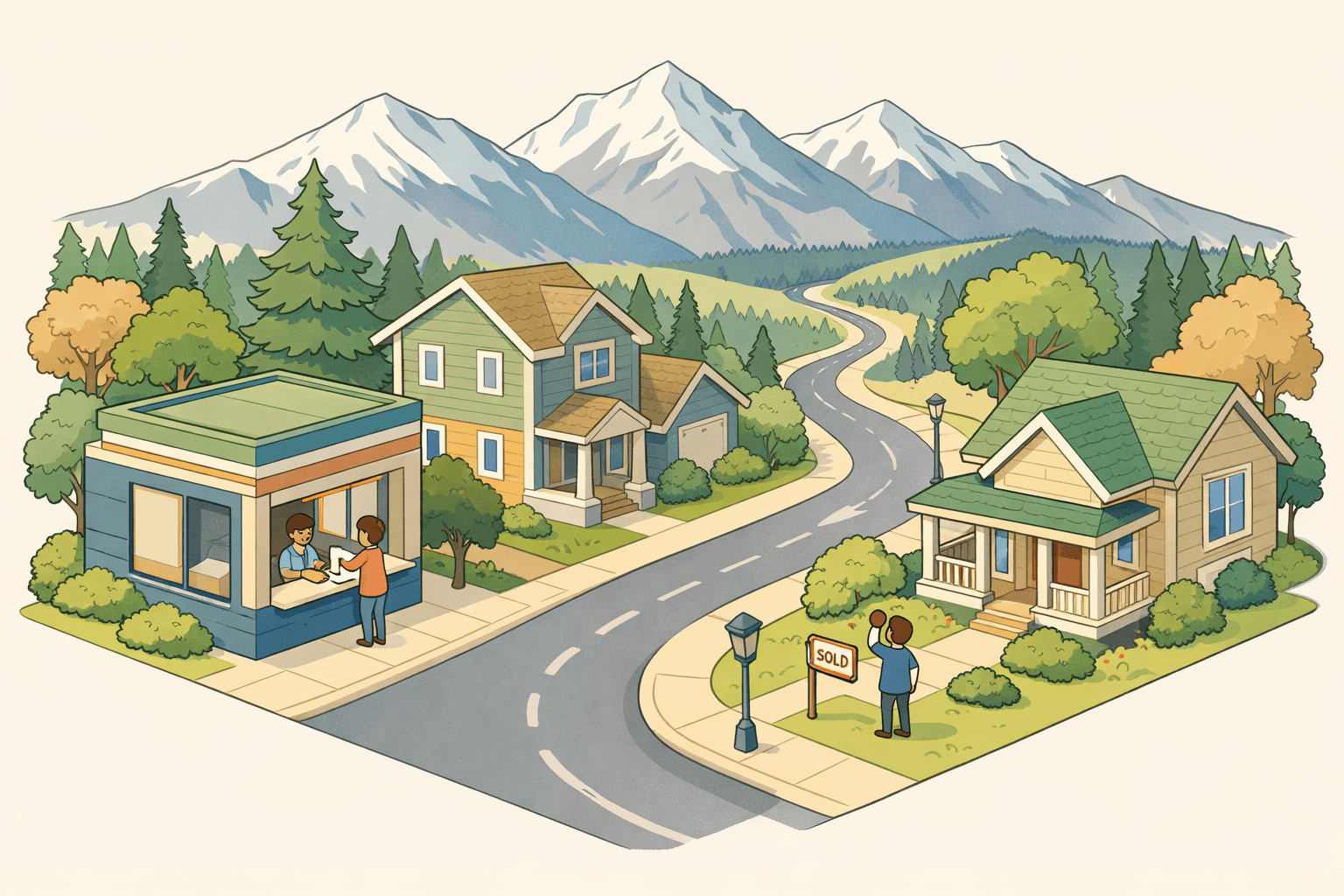 Isometric Colorado town scene with homes, a mortgage office, mountain peaks in the background, and small figures completing a home purchase.