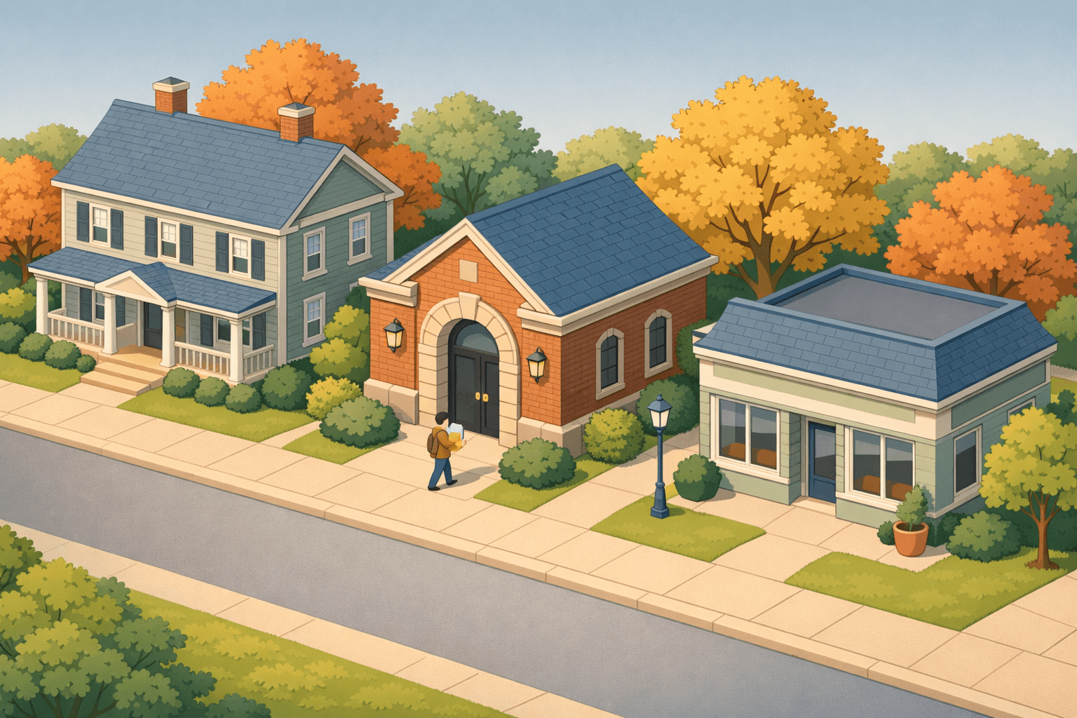 A Connecticut neighborhood street with a colonial home, small bank building, and mortgage office alongside tree-lined sidewalks in an isometric style.