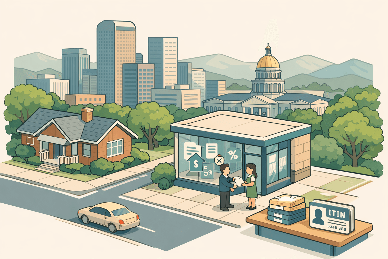 Isometric scene of a Denver neighborhood with a residential home, a small mortgage office, and people exchanging loan documents near the city skyline.