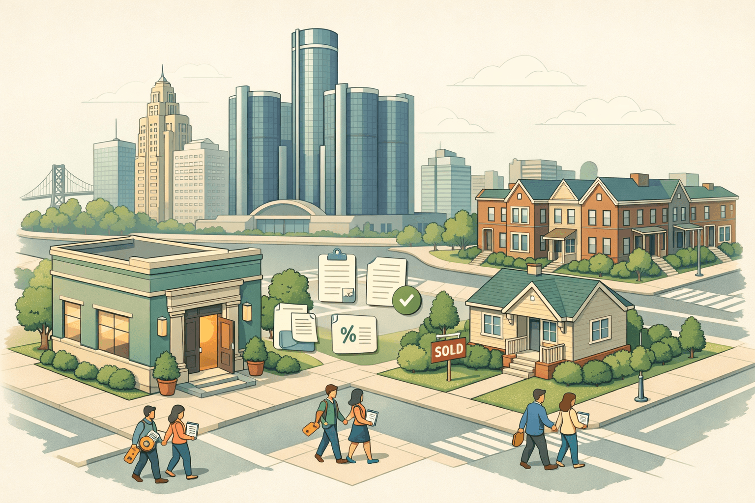 Isometric Detroit cityscape with a community bank, a family home with a sold sign, and small figures of homebuyers carrying mortgage documents.