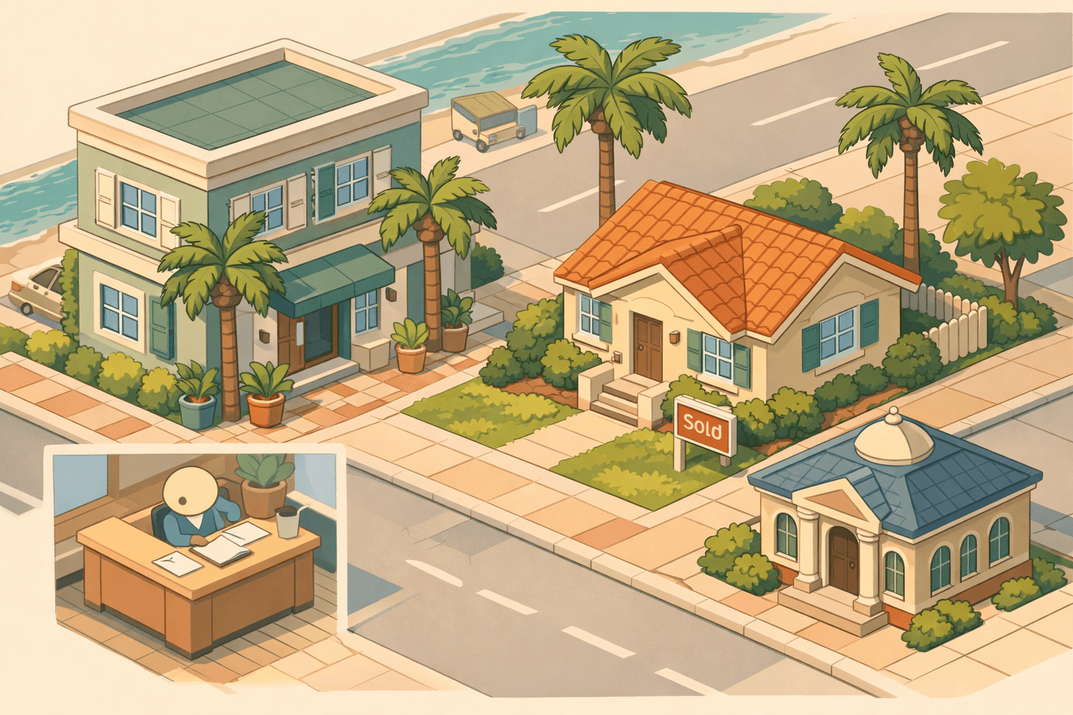 Isometric illustration of a Florida mortgage lending office on a city block with a palm tree, a bungalow with a sold sign, and a small bank building nearby.