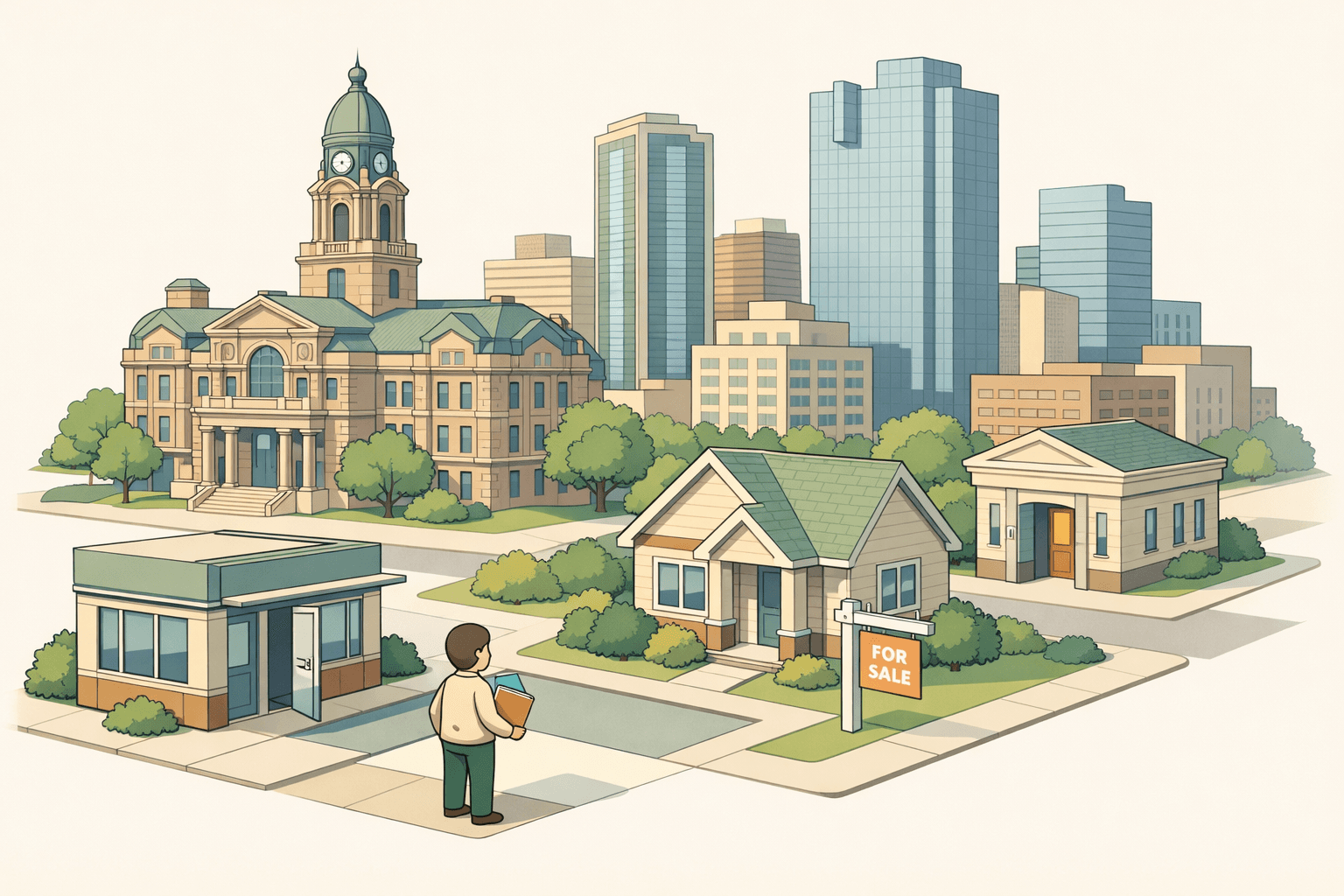 Isometric illustration of Fort Worth cityscape with a courthouse, mortgage office, and small home representing ITIN homebuyer lending.