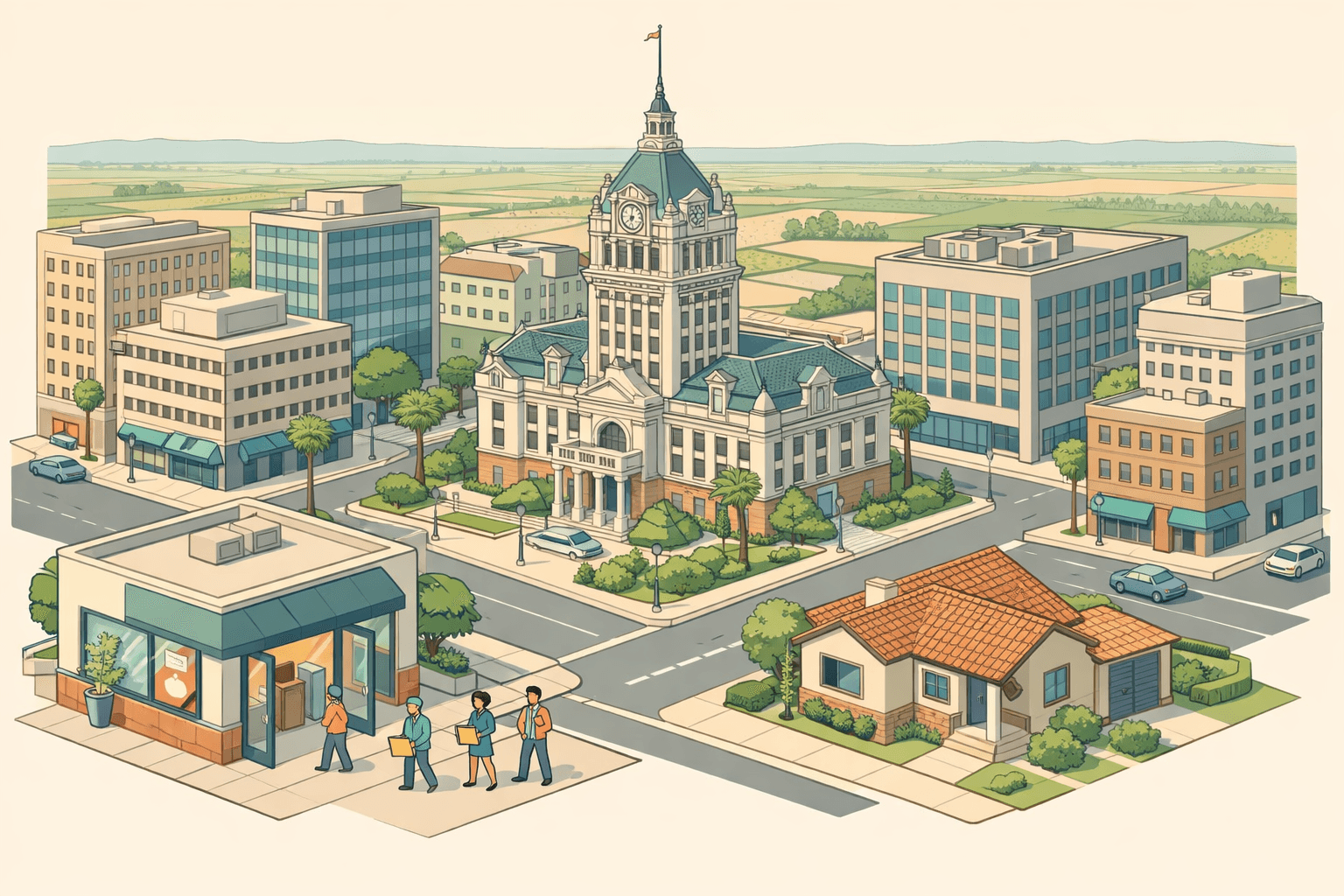 Isometric scene of downtown Fresno with a community bank, a stucco home, and small figures carrying documents approaching the entrance.