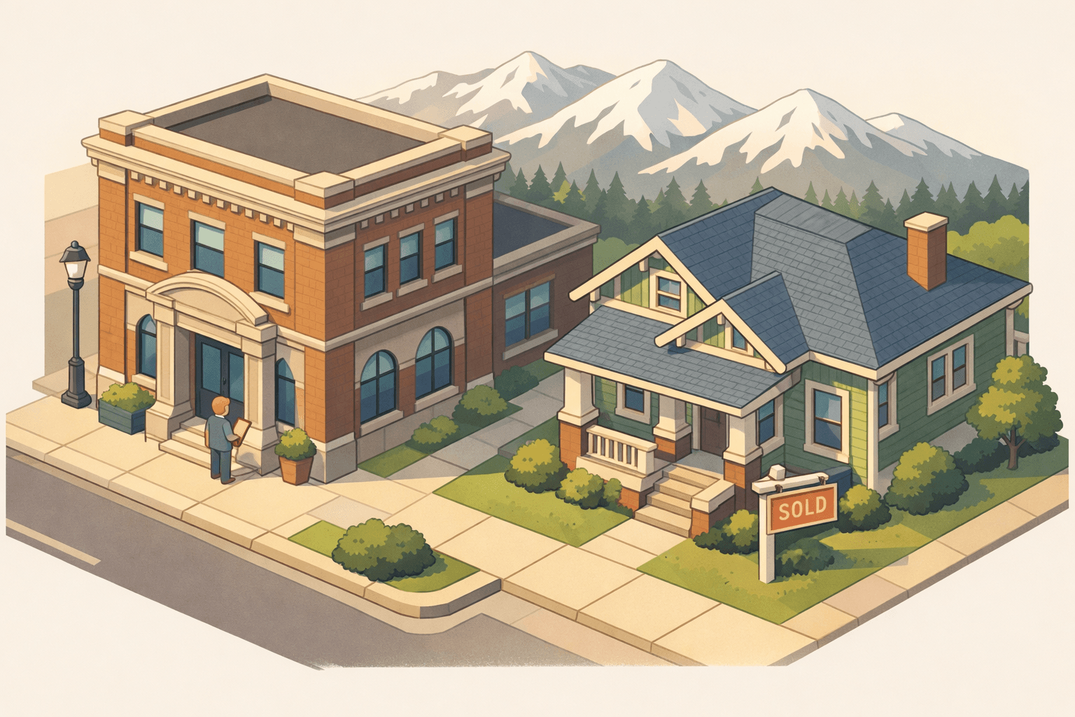 Isometric illustration of an Idaho town with a community bank, a craftsman home, mountains in the background, and a small figure approaching the bank.