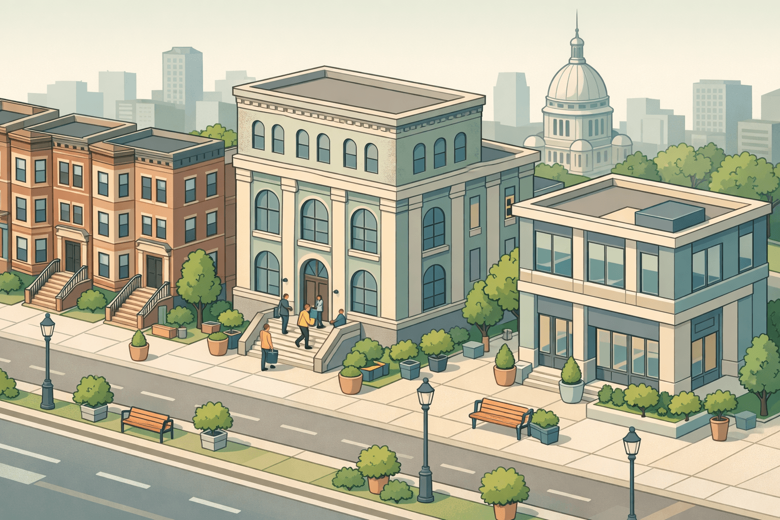 Isometric scene of a Chicago neighborhood with a brownstone row, a bank building, and a mortgage office with small figures carrying documents outside.