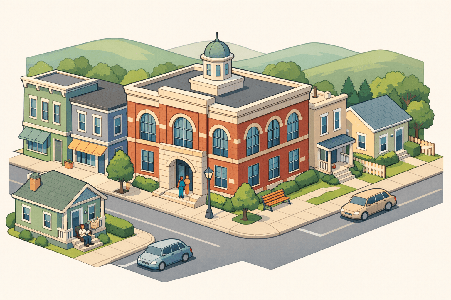 Isometric street scene with a brick bank building, residential homes, and small figures representing homebuyers in a Kentucky neighborhood setting.