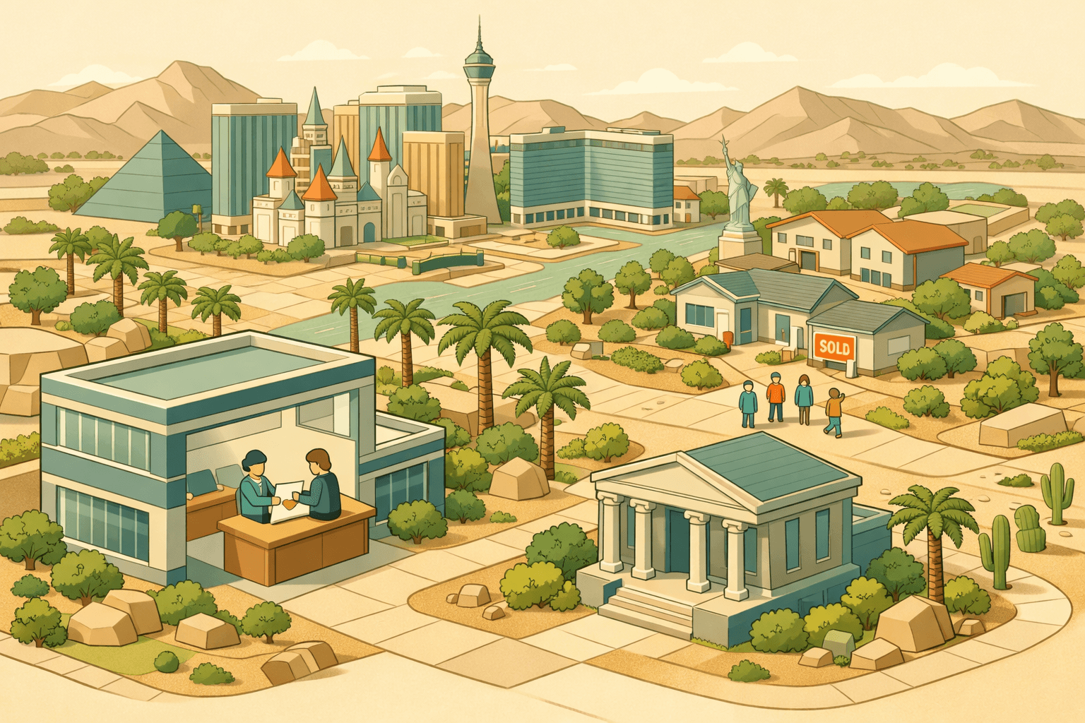 Isometric illustration of a Las Vegas cityscape with a mortgage office, residential homes, and small figures of homebuyers completing a loan transaction.