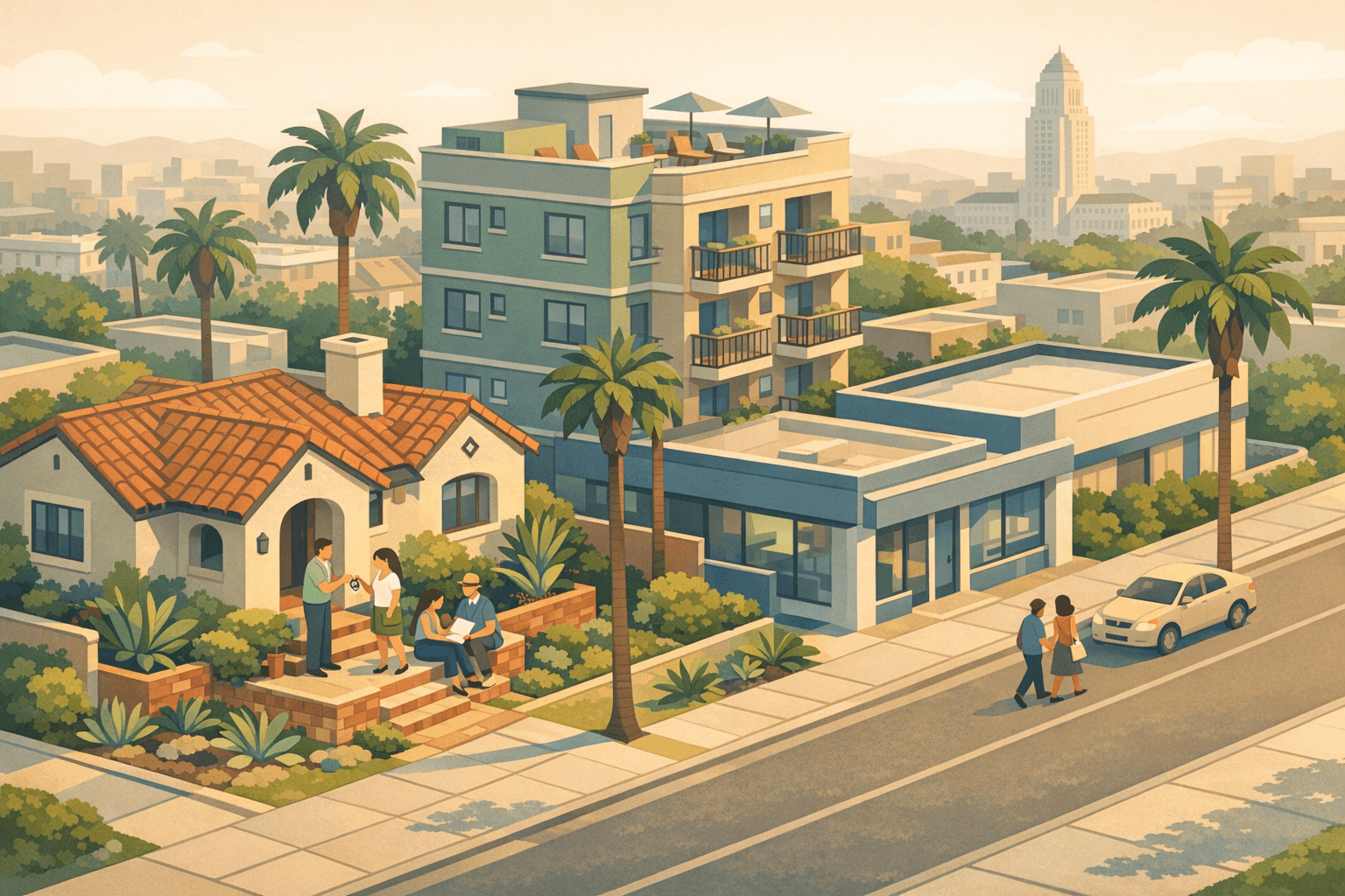 Isometric scene of a Los Angeles street with homes, a mortgage office, and small figures exchanging house keys near palm trees and a city skyline.