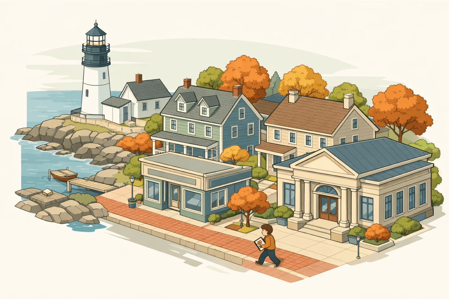 Isometric scene of a coastal Maine town with a lighthouse, colonial homes, a small bank building, and a person carrying documents walking nearby.