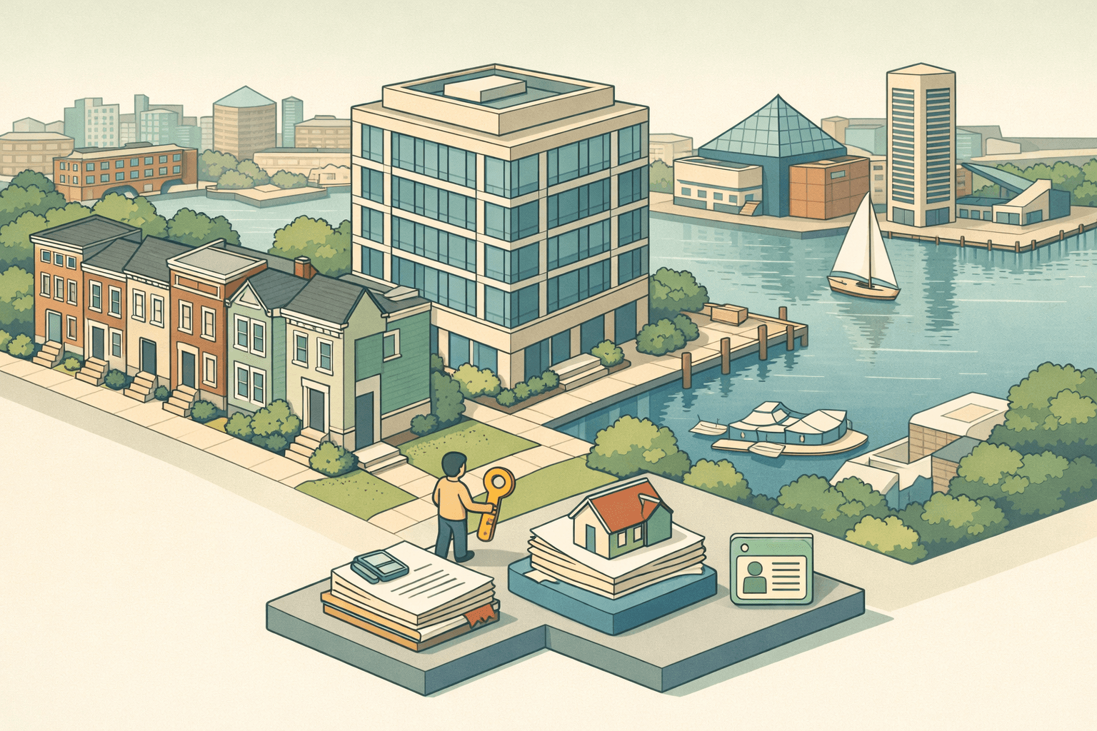 Isometric scene of a Baltimore waterfront neighborhood with rowhouses, a mortgage office building, and a small figure holding a house key near a townhome.