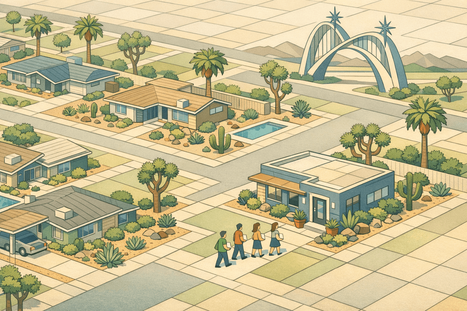 Isometric scene of a Nevada neighborhood with ranch-style homes, a mortgage office, and small figures of homebuyers approaching with documents.