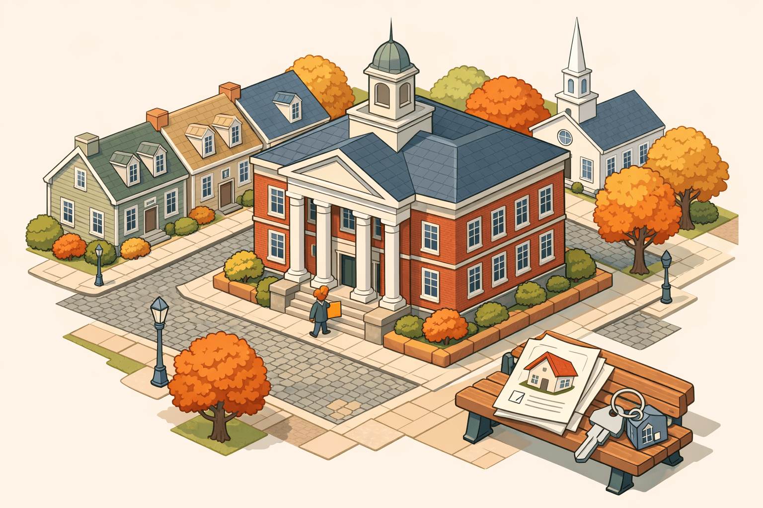Isometric illustration of a New England town center with a colonial bank building, traditional houses, and a small figure approaching with mortgage documents.