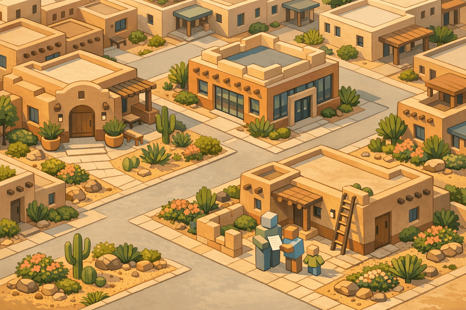 Isometric view of a New Mexico adobe neighborhood with a community lending office, small bank, and homebuyers reviewing mortgage documents outside.