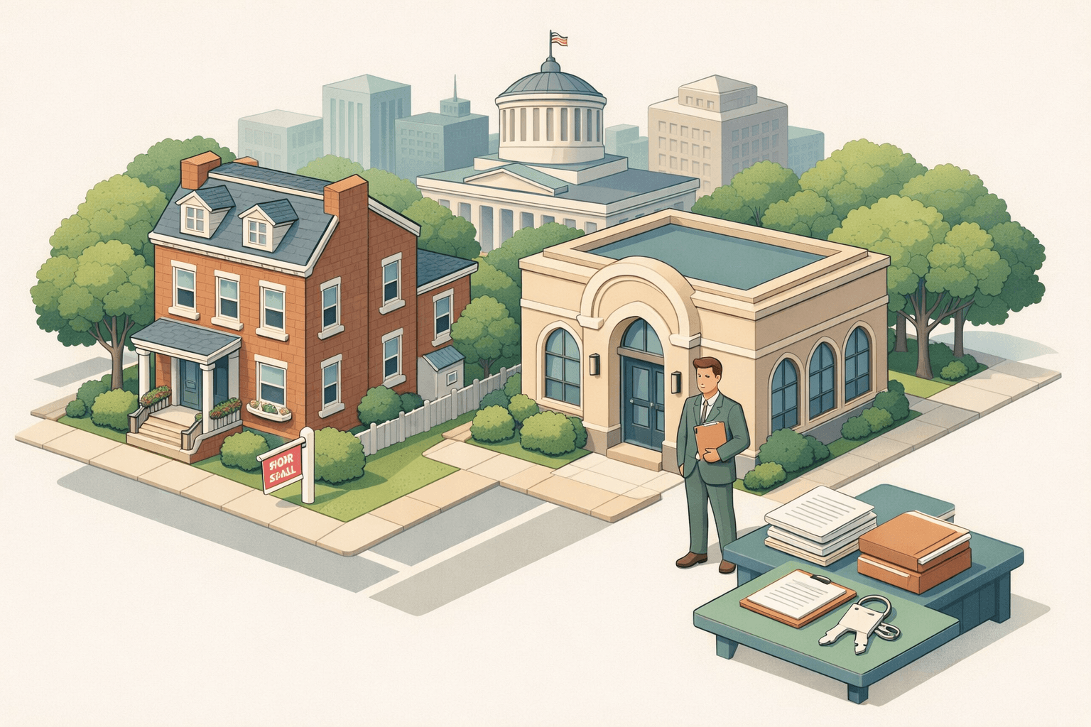 Isometric Ohio neighborhood scene with a brick house for sale, a small bank building, a loan officer figure, and the statehouse dome in the background.