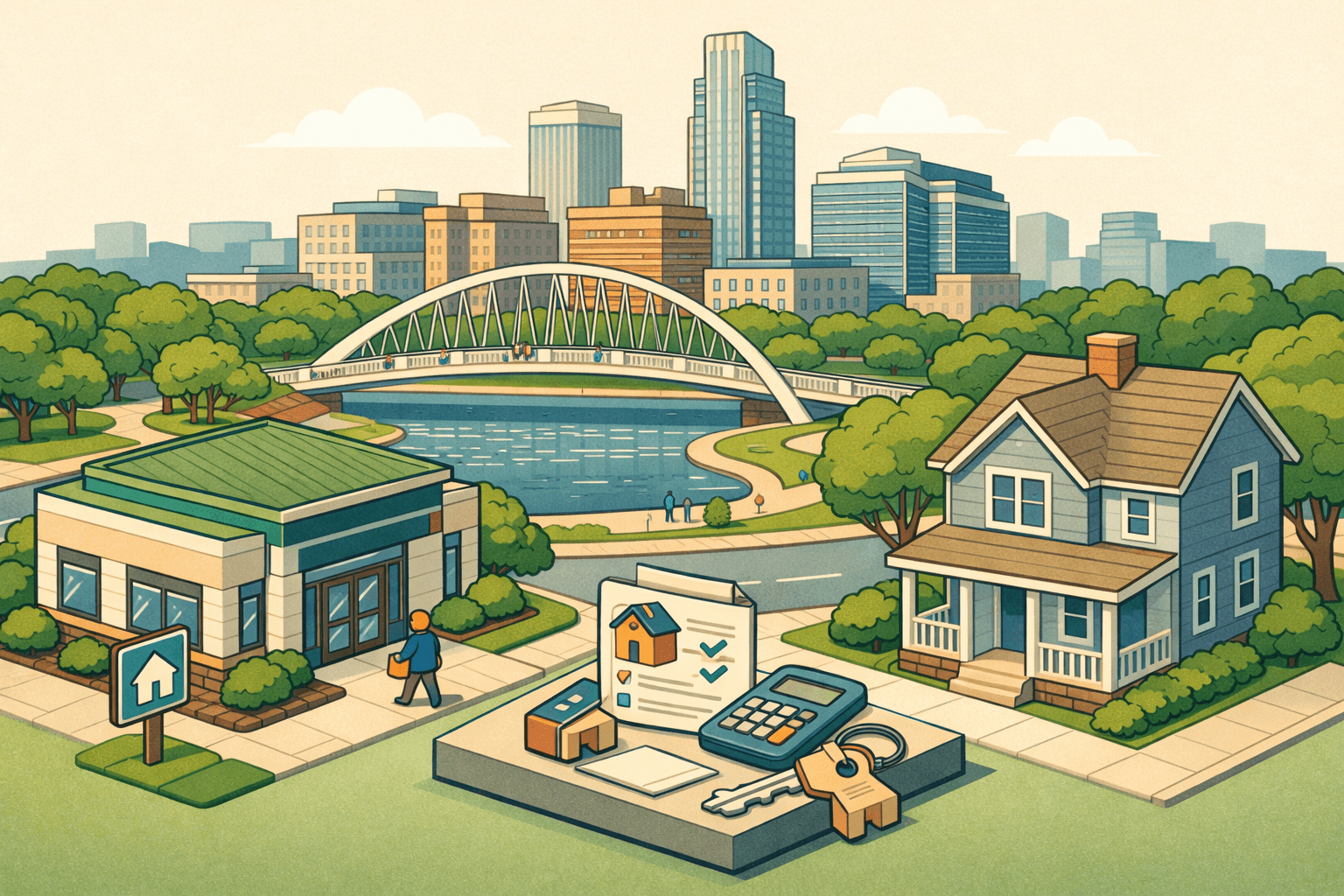 Isometric scene of Omaha downtown buildings alongside a community bank branch and residential home representing ITIN mortgage lending in Nebraska.