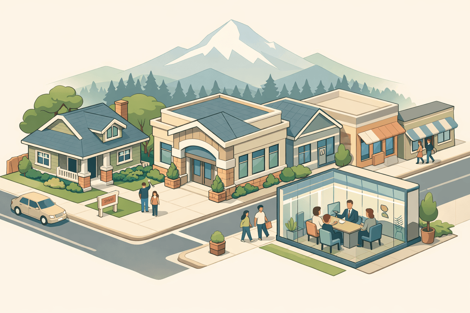 Isometric illustration of a Pacific Northwest neighborhood with craftsman homes, a credit union, a mortgage office, and Mount Hood in the background.