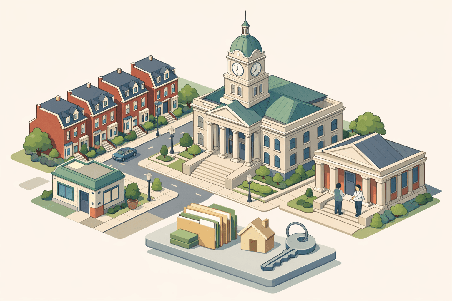 Isometric illustration of a Pennsylvania neighborhood with row houses, a courthouse, and a mortgage office where small figures exchange documents and keys.