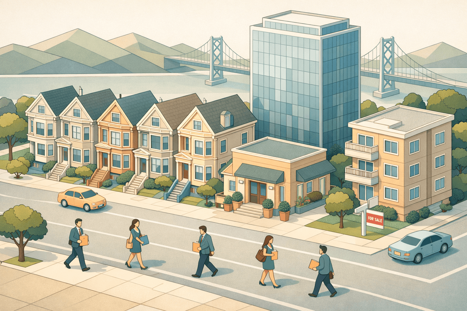 Isometric view of San Francisco Victorian houses and modern buildings with small figures near a mortgage lending office and the Bay Bridge in the background.