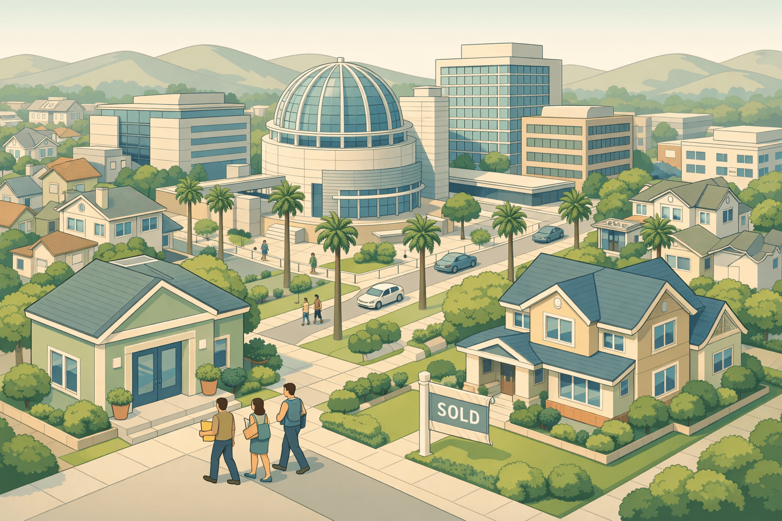 Isometric scene of a San Jose neighborhood with a mortgage bank, residential homes, office buildings, and small figures carrying documents near City Hall.