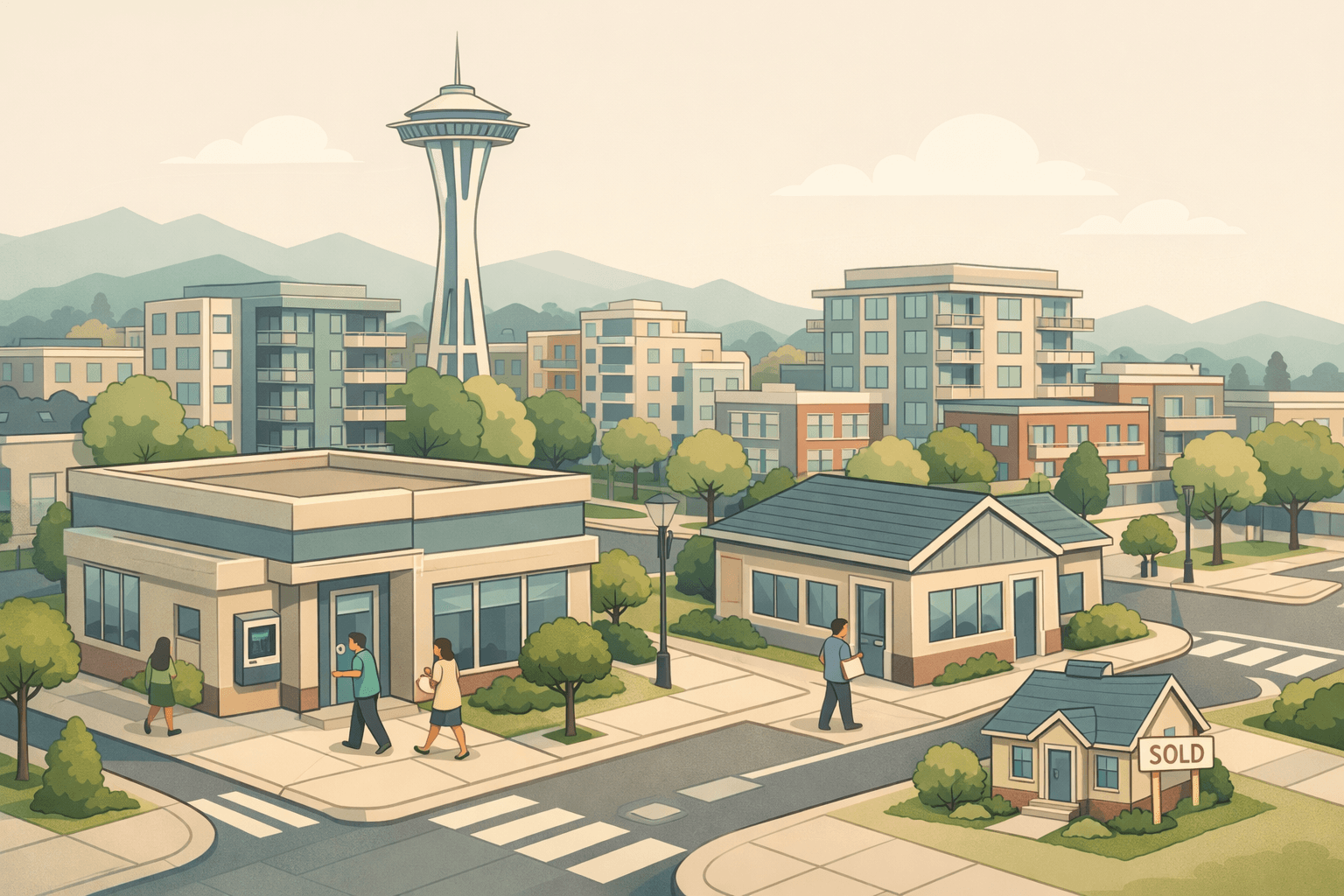 Isometric Seattle cityscape with a credit union branch, small mortgage office, residential buildings, and tiny people carrying documents near a house with a sold sign.