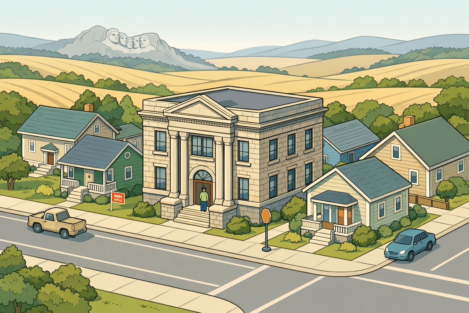 Isometric scene of a community bank and homes on a South Dakota street with rolling prairie hills and a distant landmark silhouette in the background.