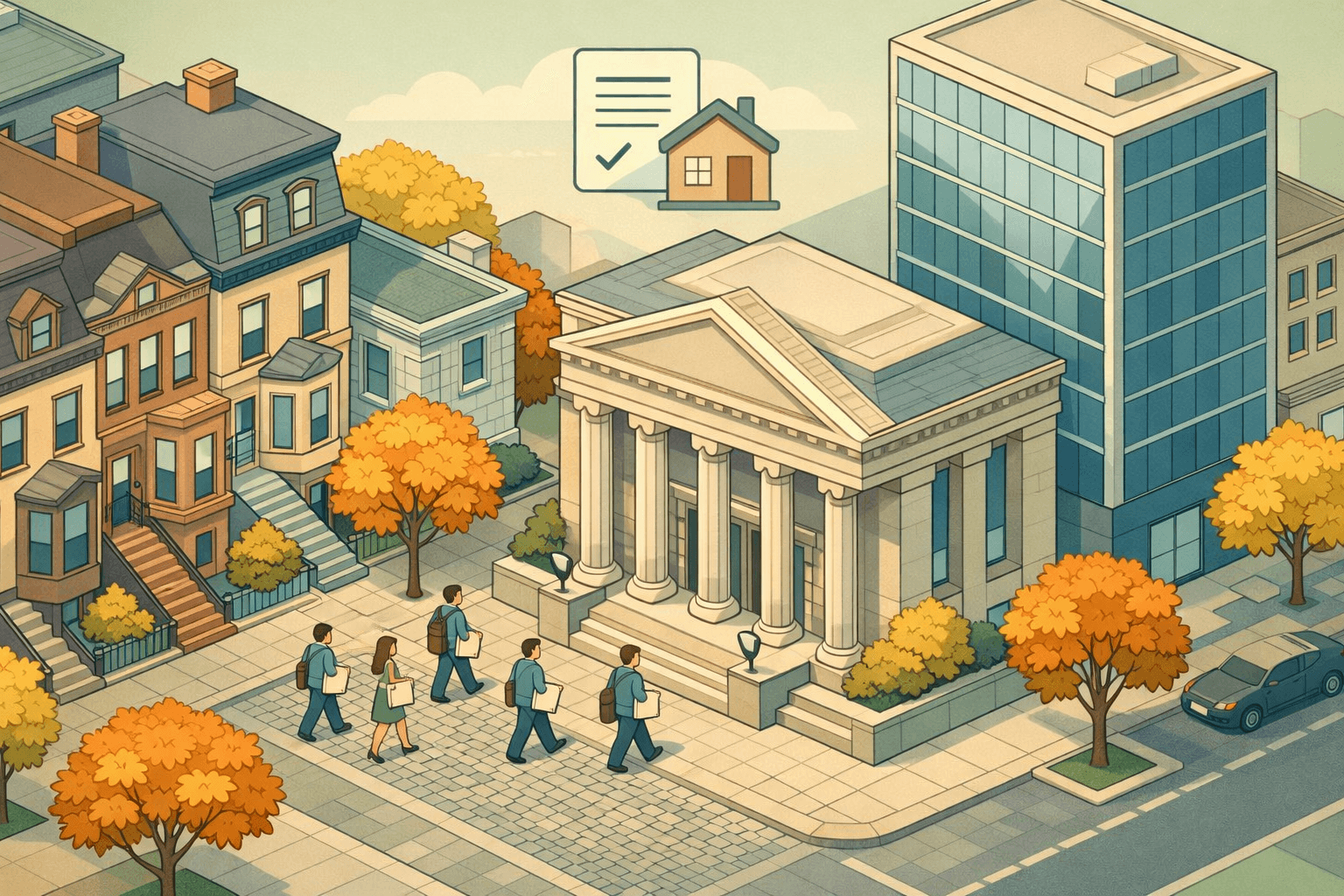 Isometric scene of Northeast brownstones and a bank building with small figures walking toward the entrance, representing ITIN mortgage lending.